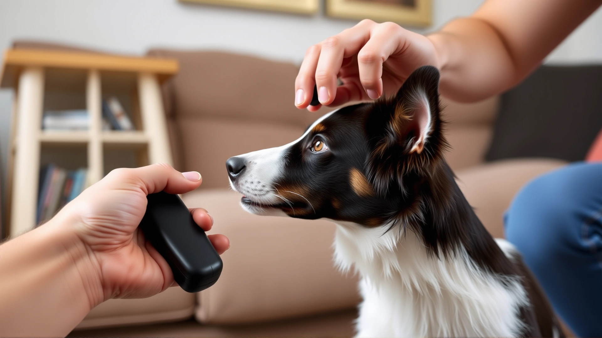 Owner’s hand pressing a clicker while a young Border Collie sits attentively, living room setting