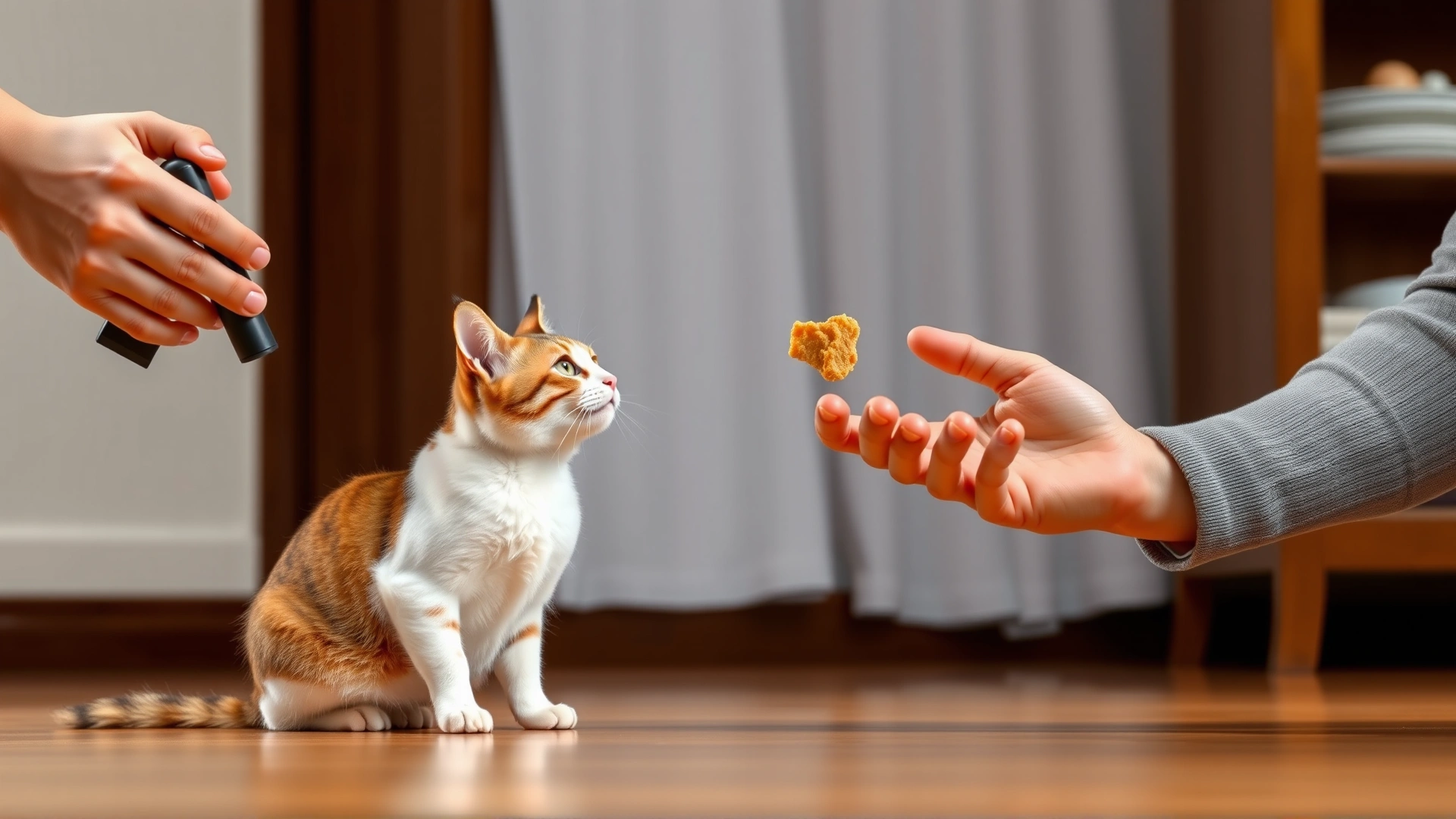 Indoor training scene where a person holds a clicker in one hand and offers a treat with the other while a cat performs a ‘sit’ command