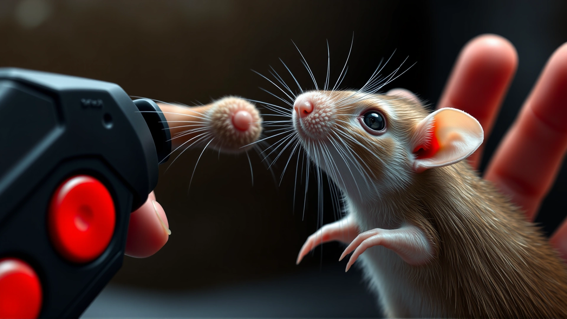 Close-up of a human hand pressing a clicker while a rat looks up expectantly