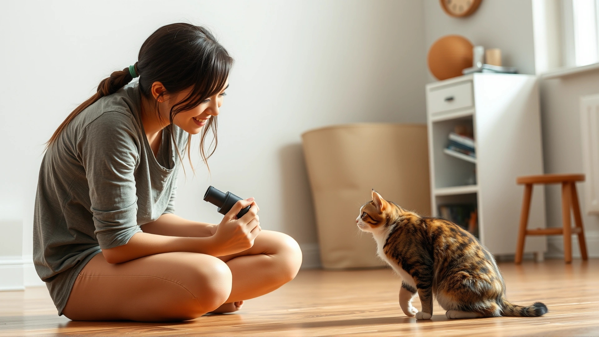 Young woman crouching on the floor using a clicker and giving a treat to a cat, indoors, bright and positive.