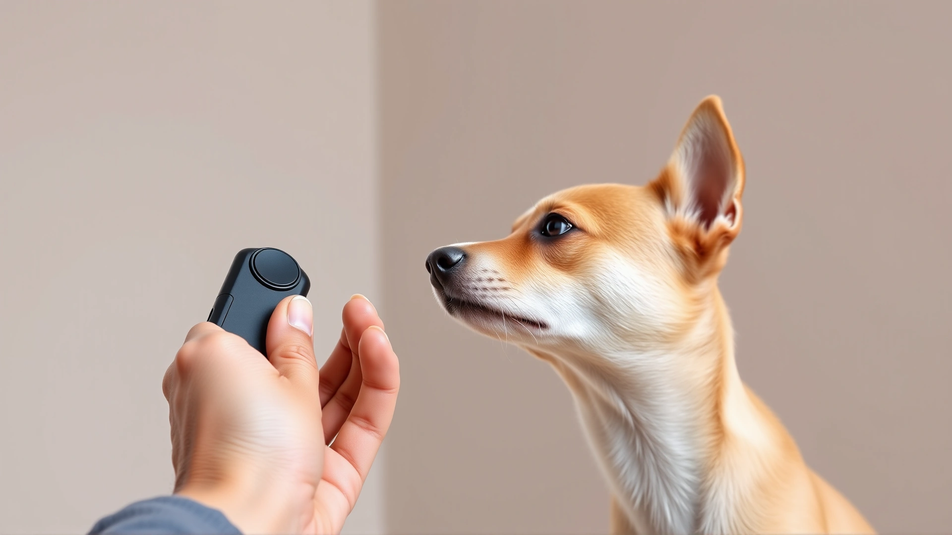 Hand holding a clicker device while a young dog looks attentively, indoor setting with neutral background