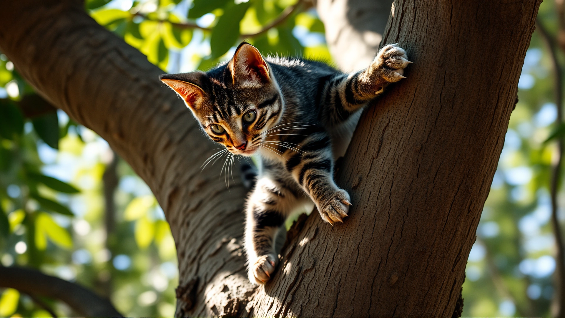 Action shot of an agile tabby cat climbing up a rough tree trunk, claws extended, sunlight filtering through leaves