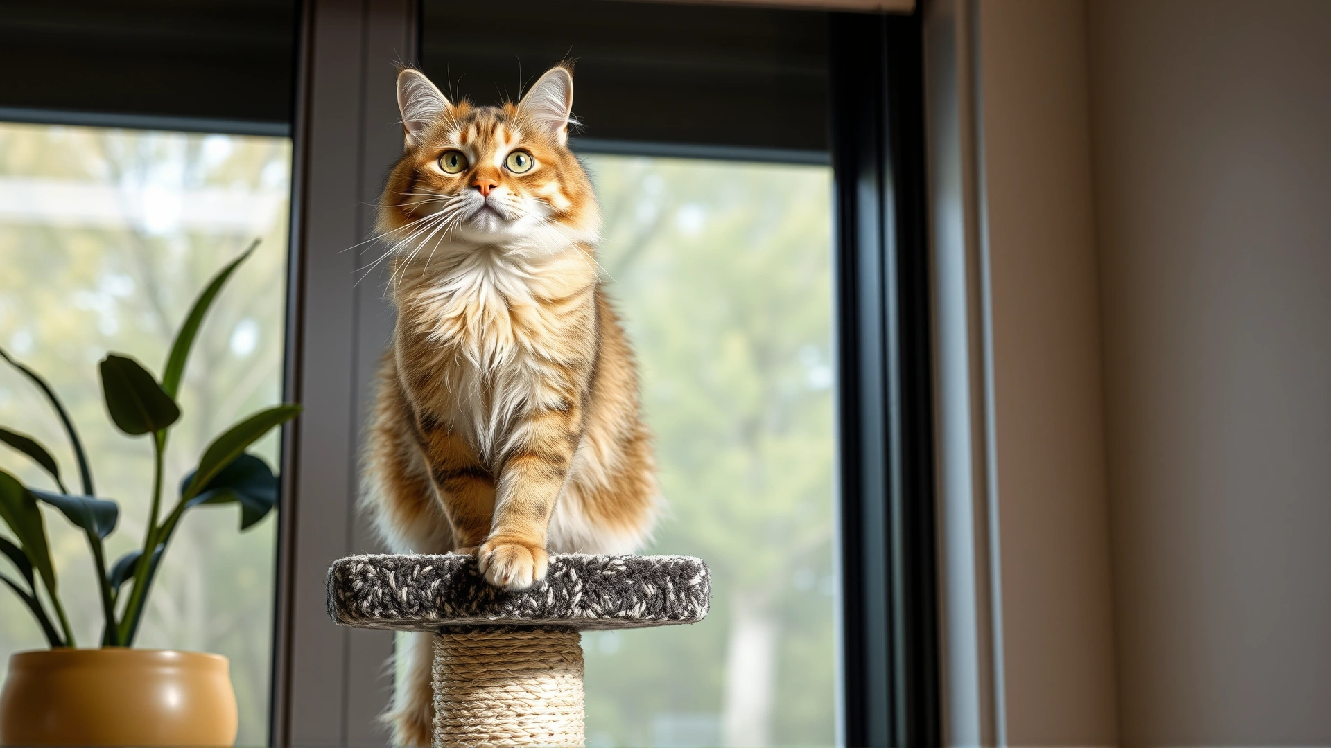 Indoor cat climbing on a tall multi-level cat tree near a window