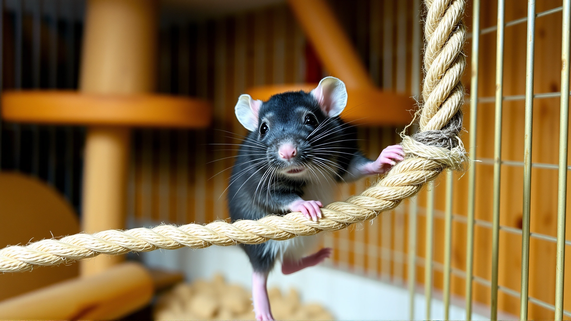 Pet rat climbing a thick rope inside its cage with wooden perches in the background