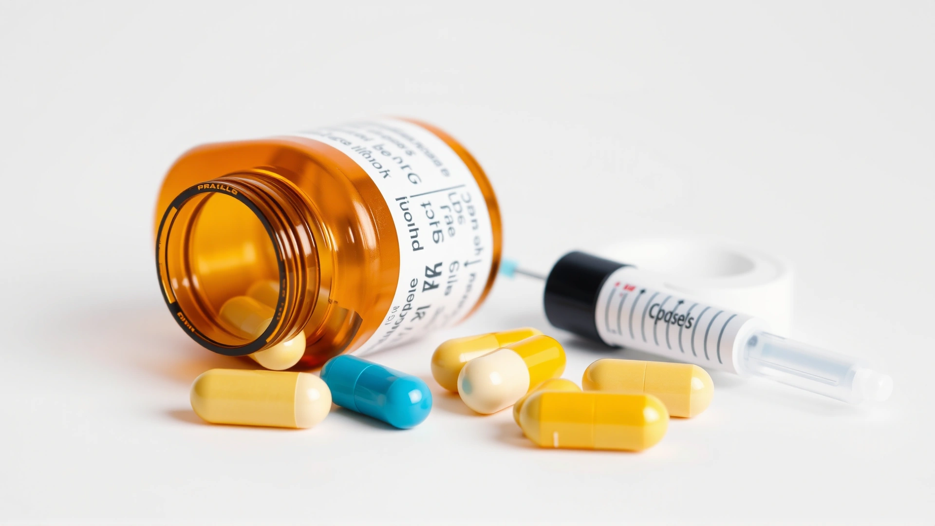 Close-up of a small unlabeled veterinary pill bottle with loose capsules and an oral syringe on a white background, representing medication