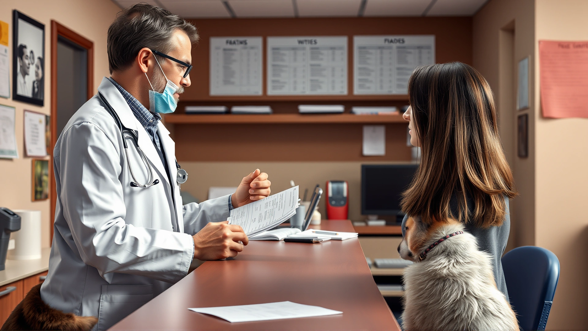 Close-up of a veterinarian discussing costs with a pet owner at a reception desk, with paperwork and a calm dog sitting nearby.
