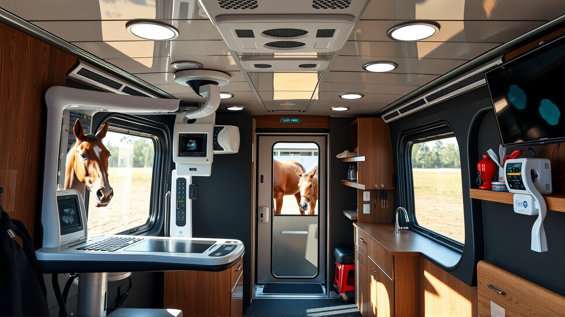 Interior of a modern mobile equine veterinary clinic van, showing portable X-ray machine, ultrasound device, and neatly organized medical supplies, with a horse visible just outside.