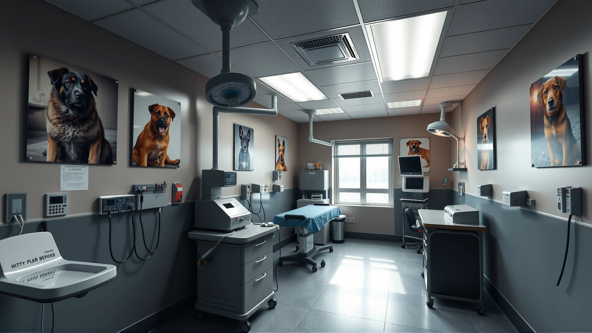Wide shot of a military veterinary clinic room with surgical equipment and K9 posters on the wall