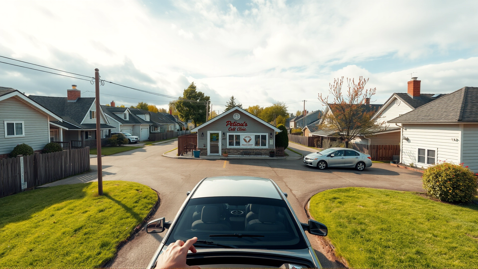 Overhead view of a car driving through a suburban neighborhood toward a small veterinary clinic building.