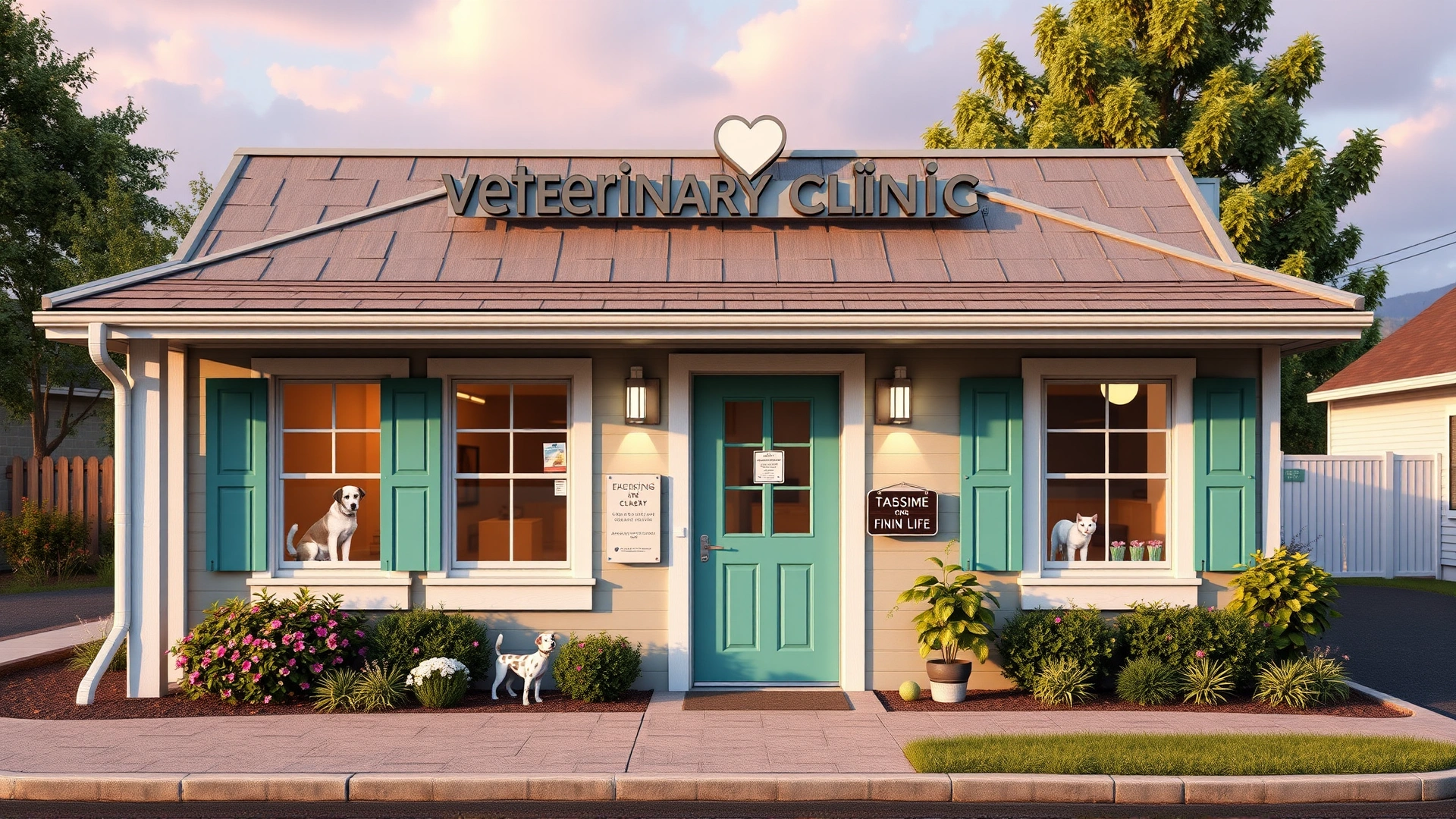 Exterior of a cozy standalone veterinary clinic building with friendly curb appeal.