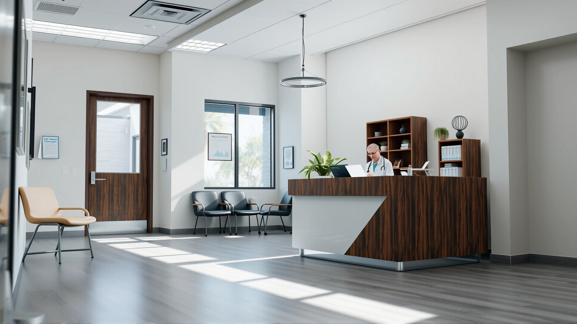 Modern veterinary clinic reception area with a vet reviewing paperwork behind the front desk, bright daylight through windows