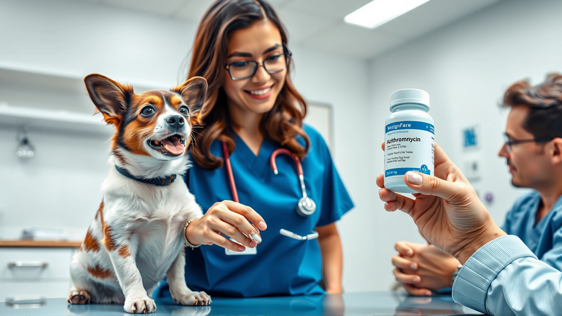 Veterinarian showing a prescription bottle of Azithromycin to a pet owner with a friendly dog on the exam table in a bright, modern clinic. No text on the bottle.