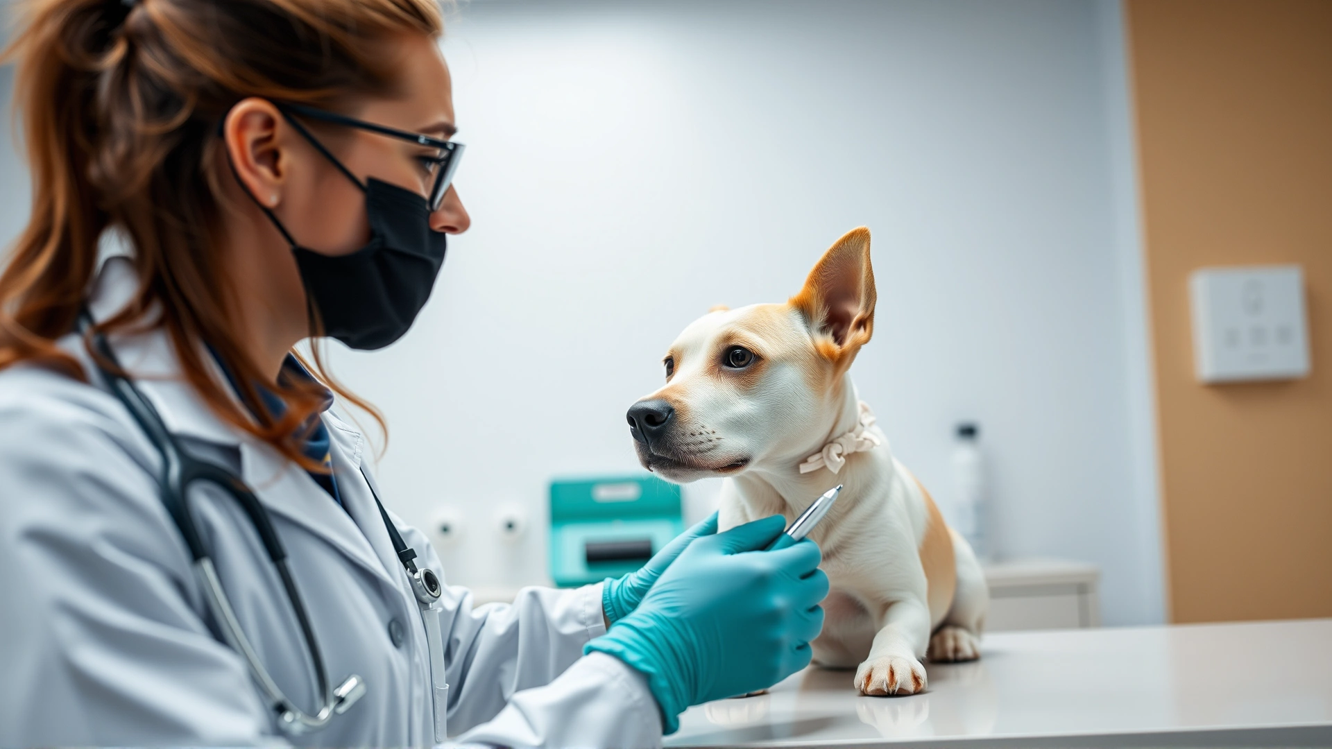 Veterinarian and dog owner looking at a test result on a counter in a clean clinic environment