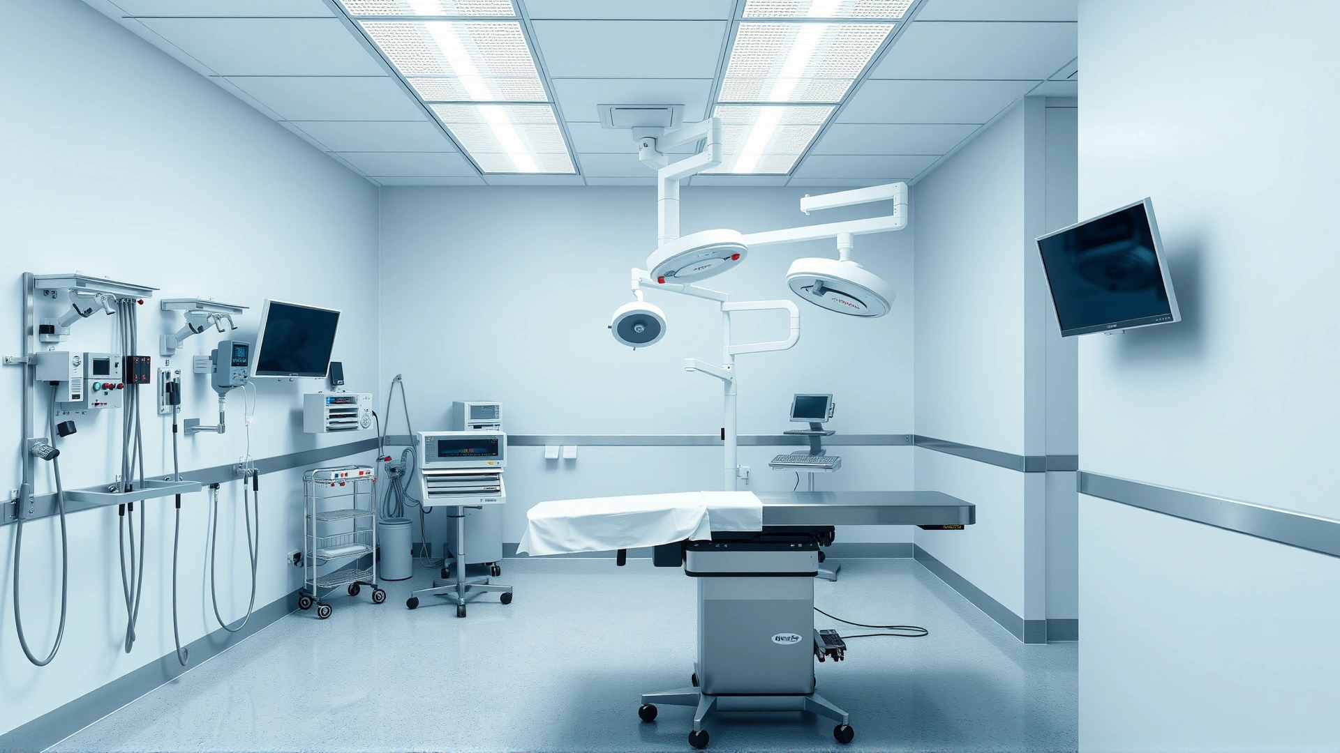 Bright, sterile surgery room inside a vet clinic with modern equipment and stainless-steel tables.