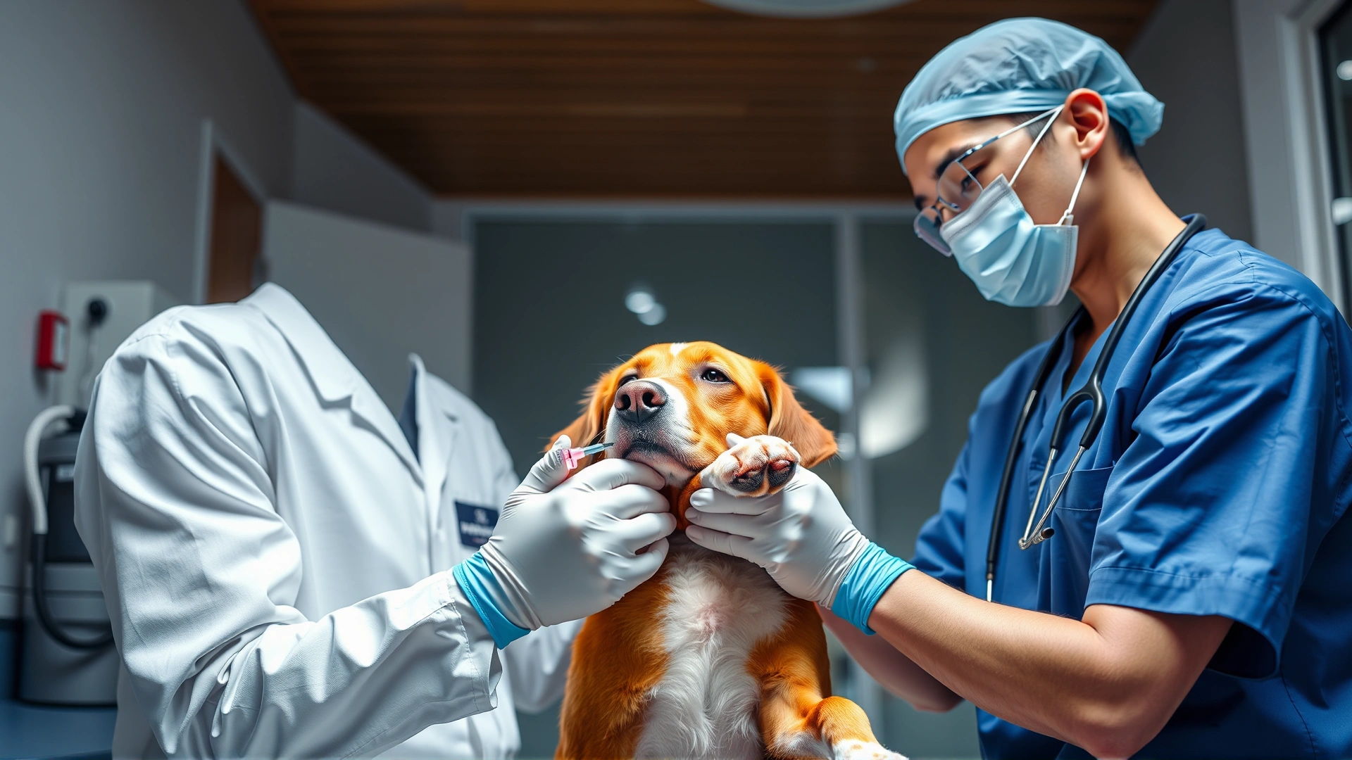 Veterinarian in a modern clinic inserting an IV catheter into a dog's paw while an assistant gently restrains the dog, bright clinical lighting