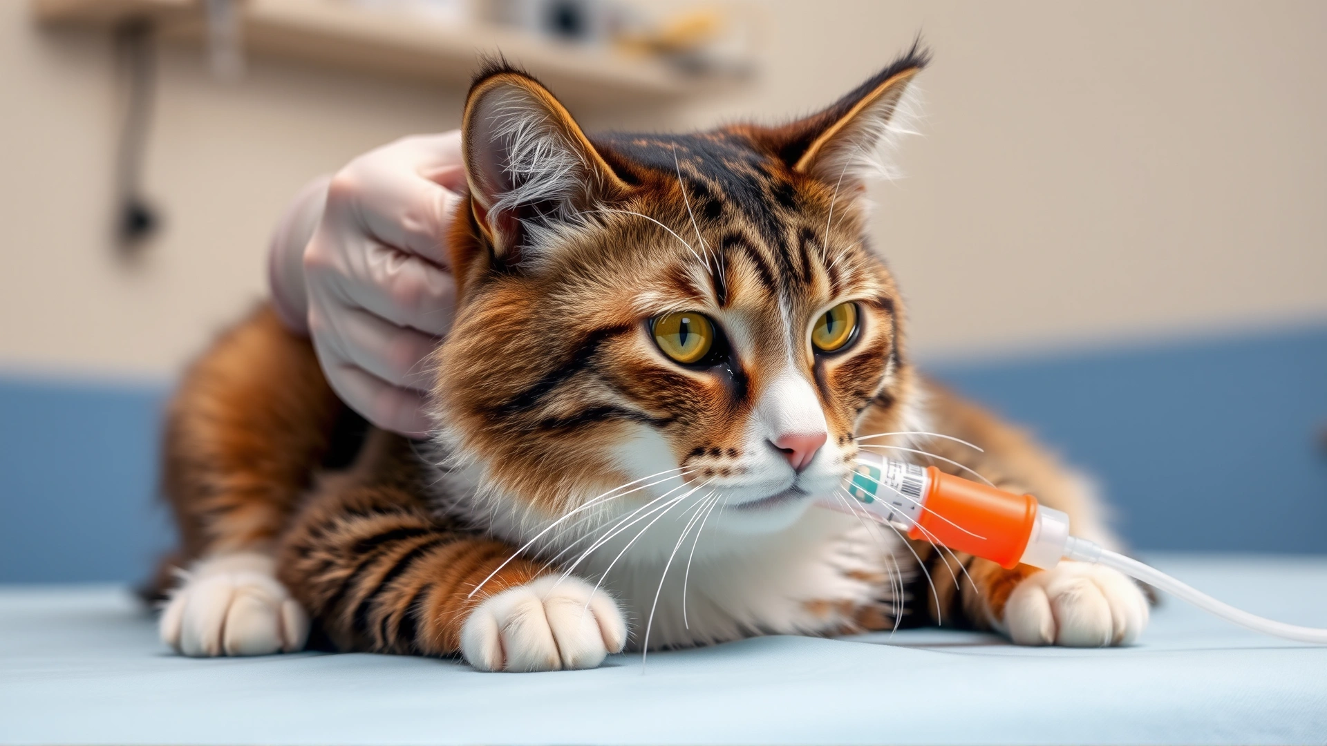 Domestic short-haired cat on a veterinary examination table receiving an intravenous drip, with a vet’s gloved hands adjusting the catheter.