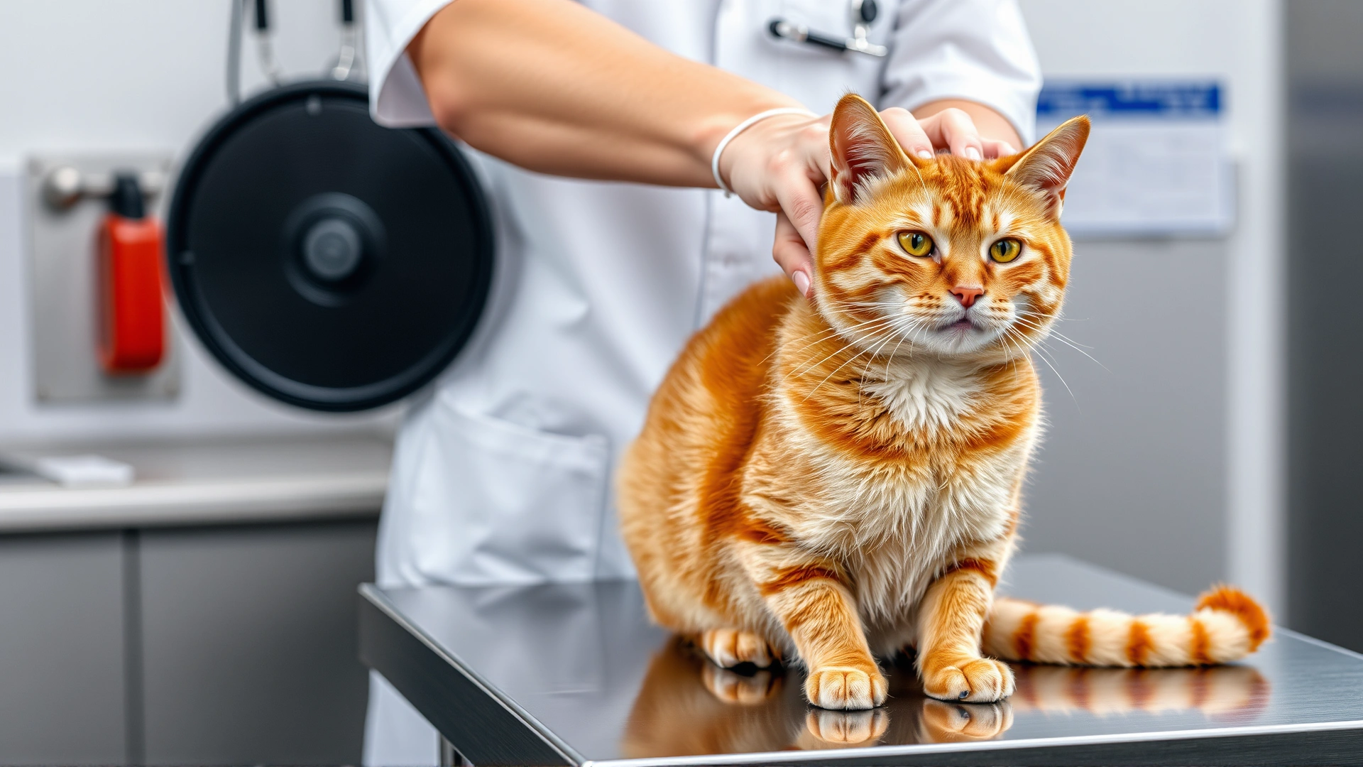 Veterinarian palpating the neck of an orange tabby cat while the cat sits calmly on a stainless steel examination table
