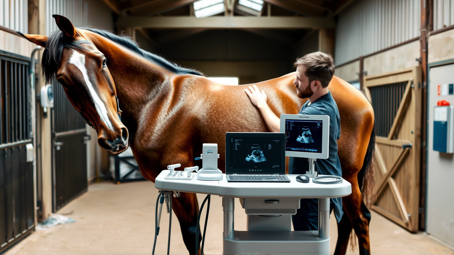 Photo of a veterinarian performing an abdominal ultrasound scan on a standing horse inside a barn, equipment and monitor visible