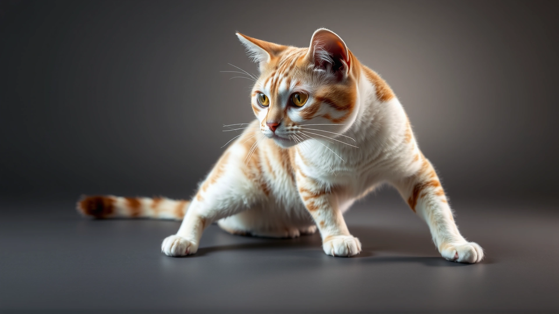 Cat on a smooth surface demonstrating a Schiff-Sherrington pose: stiff extended forelimbs and relaxed hind limbs, studio lighting.