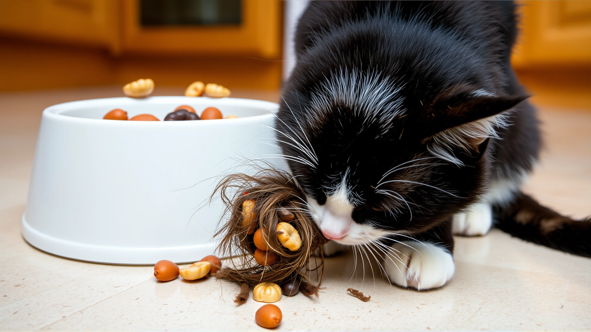Close-up of a tuxedo cat vomiting hairball next to a food bowl on a kitchen floor, capturing the discomfort and typical symptom of gastric motility loss