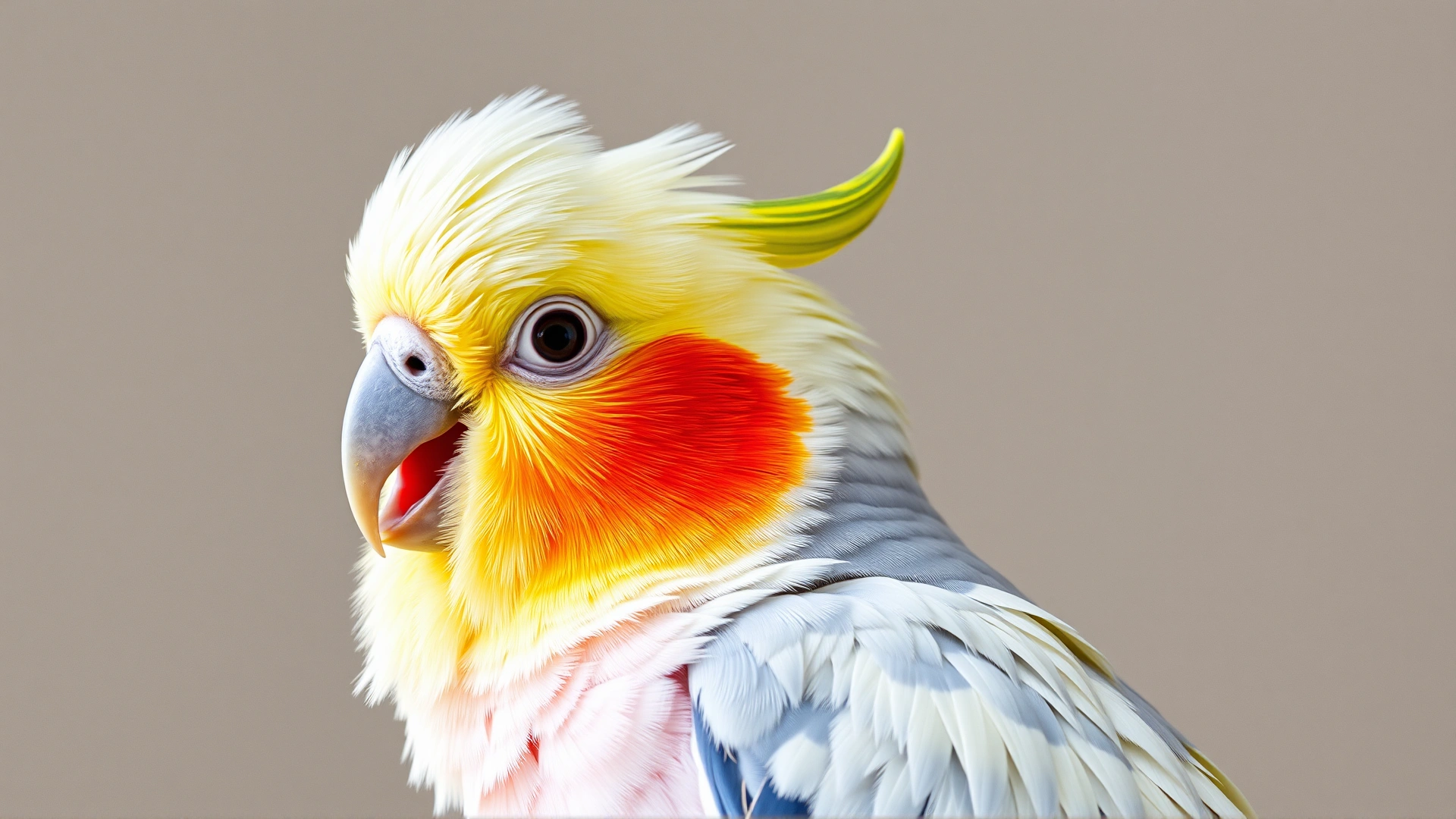 High-resolution photo of a cockatiel perched with fluffed feathers, mouth open, and visible labored breathing to depict clinical respiratory distress.