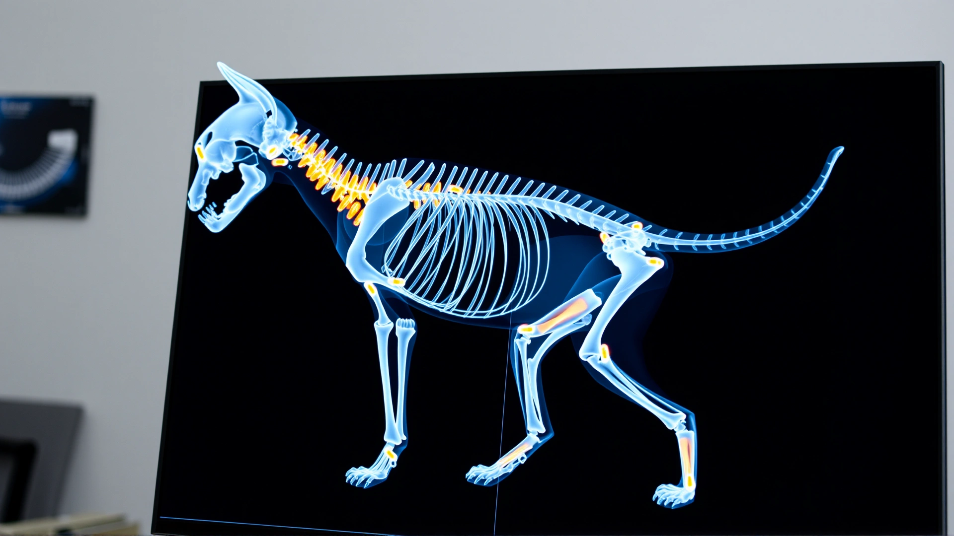 Digital rendering of a feline skeletal X-ray displayed on a monitor with highlighted joints and spine, representing diagnostic imaging for MPS