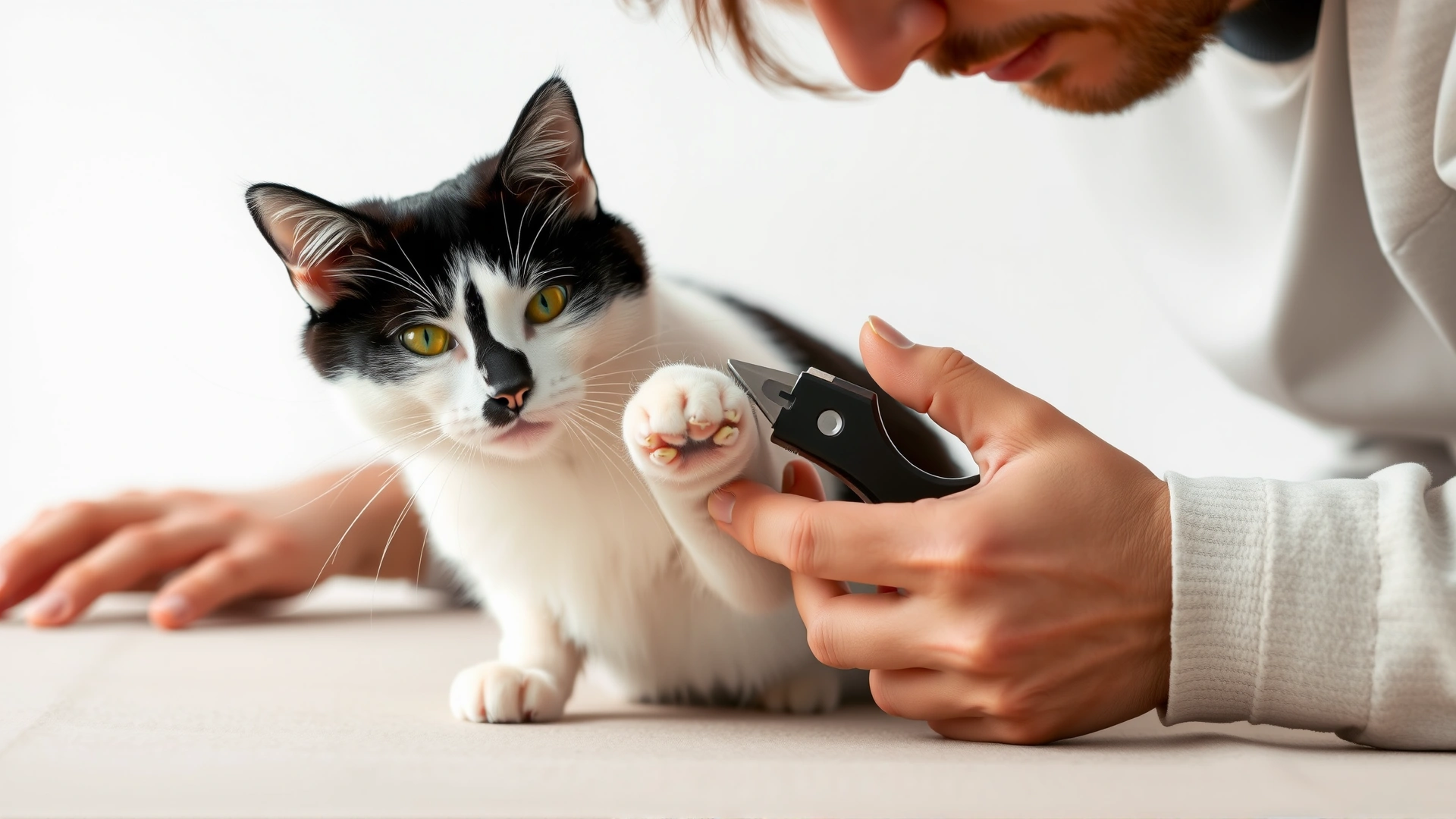 Owner calmly trimming the claws of a black and white cat using a pet nail clipper on a neutral background.