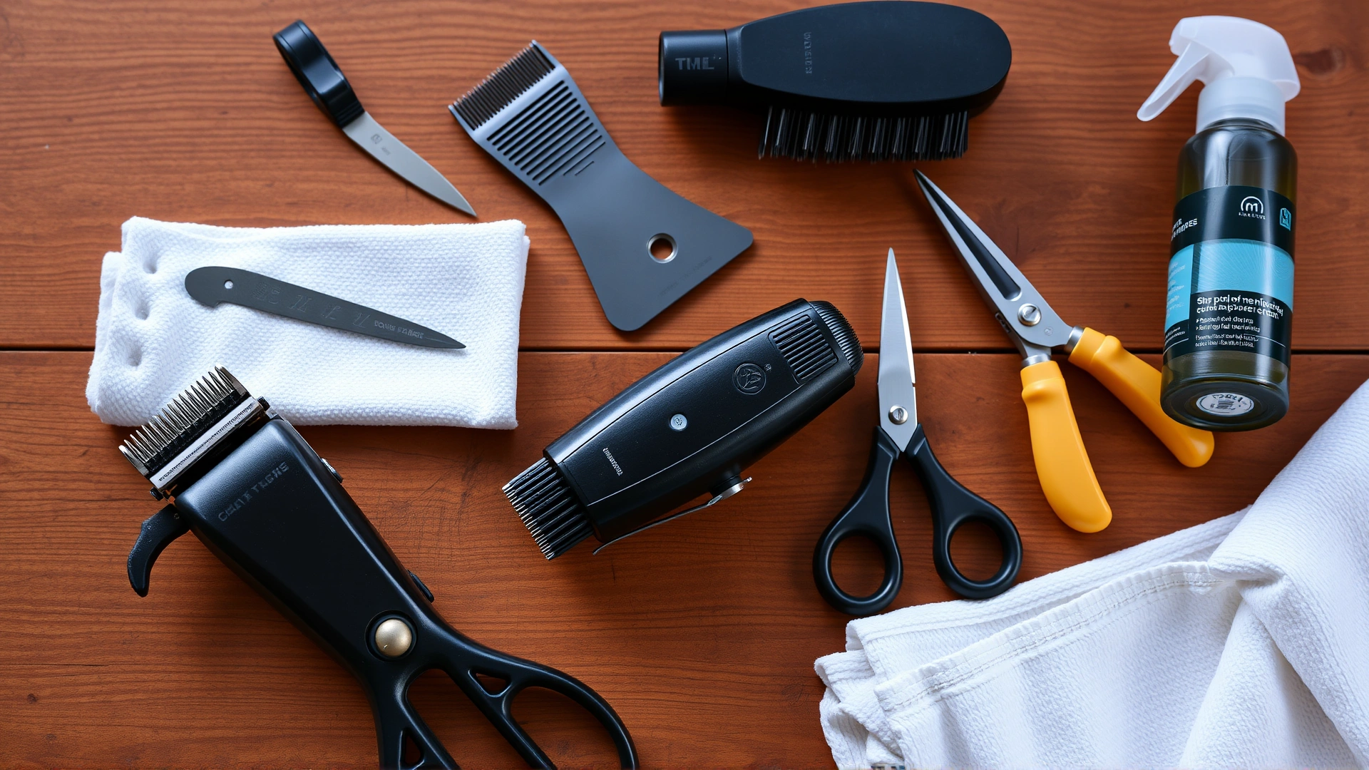 Flat-lay of various horse clipping tools on a wooden table: clippers, blades, cooling spray, grooming brush, safety scissors, and clean towels