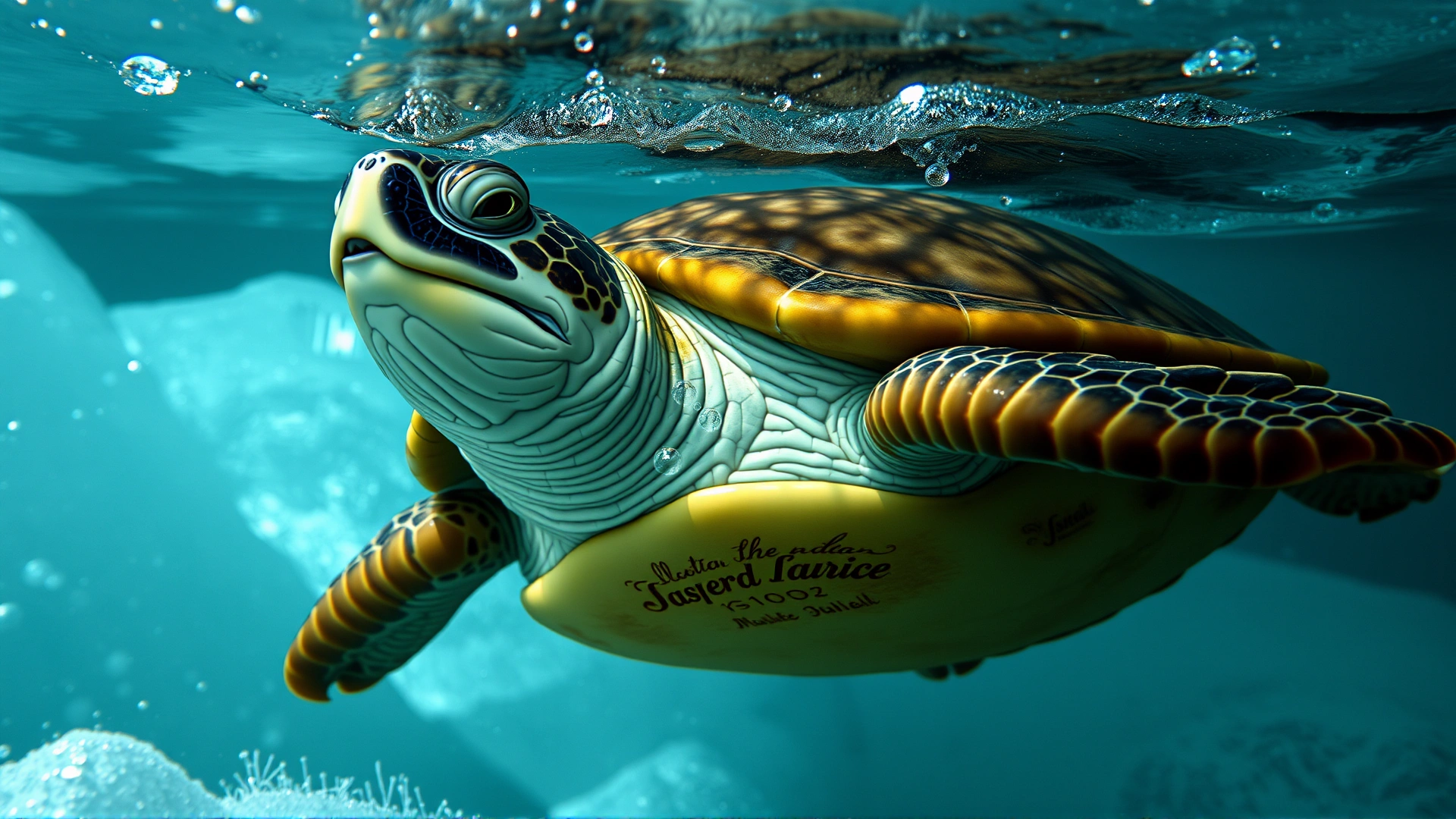 Illustrative photo of a freshwater turtle resting underwater beneath ice, tiny bubbles around cloacal area to hint at underwater respiration, natural lighting