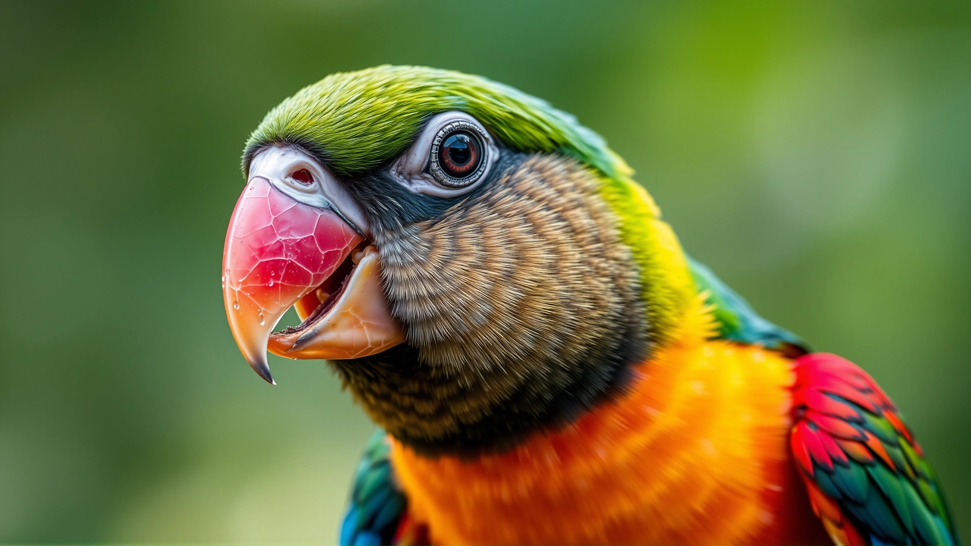 Close-up photo of a colorful pet bird, slightly opening its beak while breathing, to illustrate mild respiratory distress. Soft focus background, natural lighting.