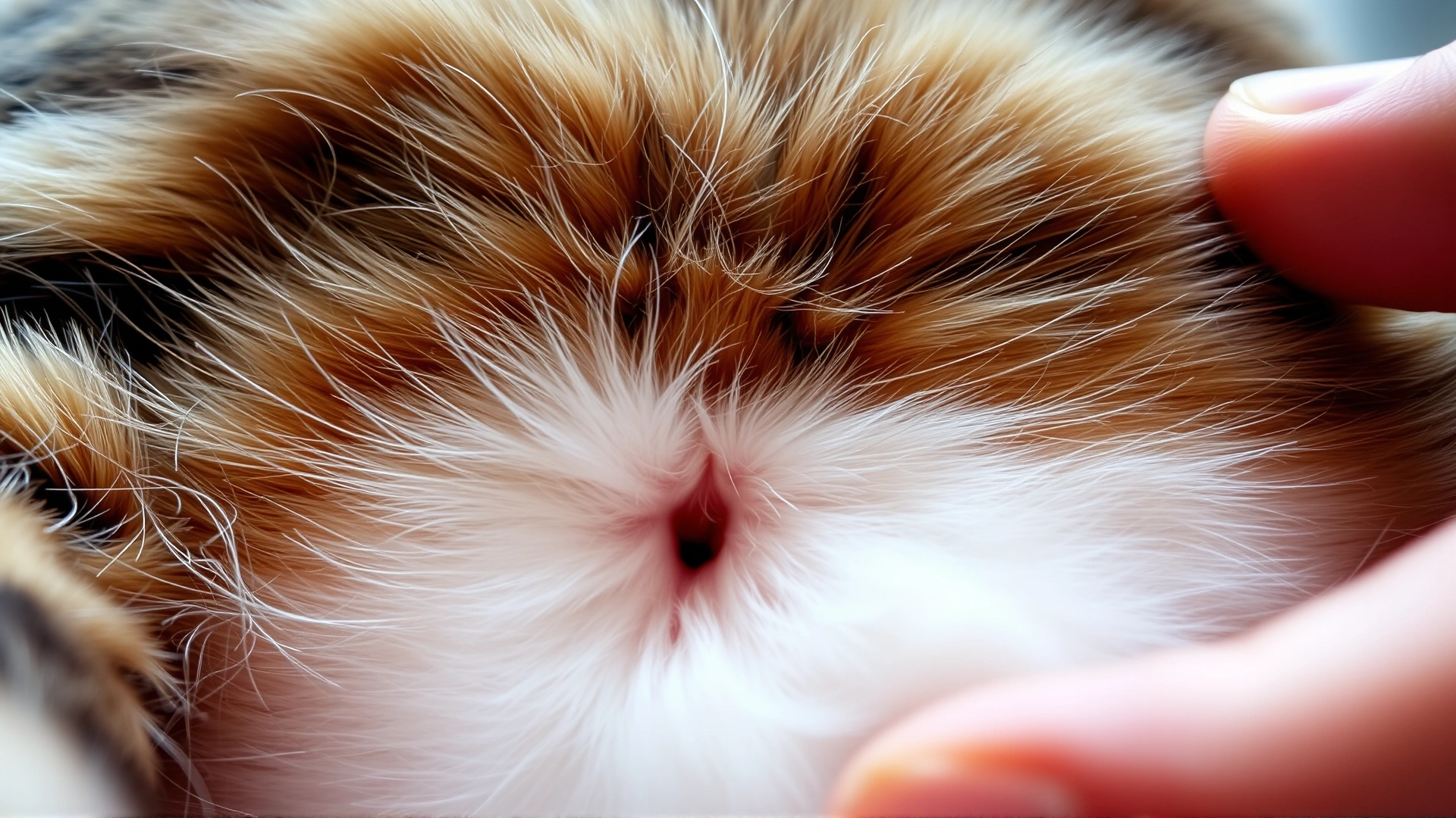 Macro shot focusing on a small, barely visible belly button scar on a short-haired cat's abdomen, fur parted by a hand.