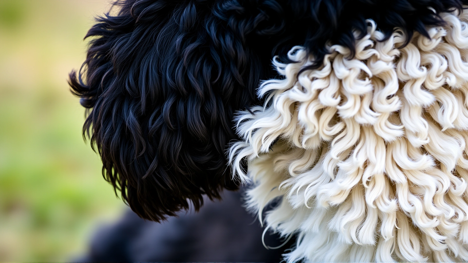 Close-up photo of a Rafeiro do Alentejo's head and upper body showcasing its dense double coat and distinctive black-and-white markings, with a softly blurred natural background.