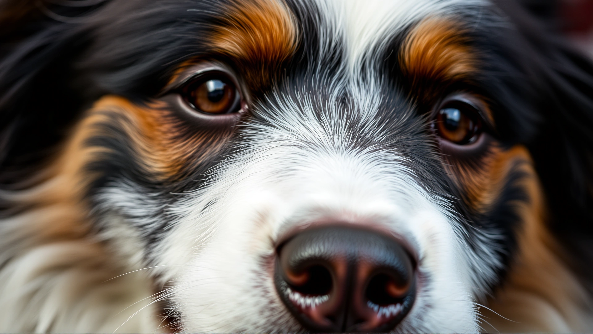 Macro shot of a Border Aussie's double coat highlighting texture and color patterns, no text