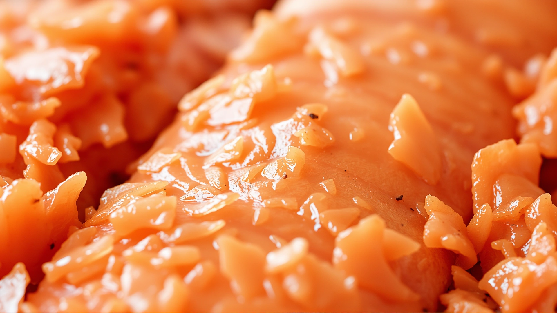 Macro shot of perfectly cooked salmon flakes showing pink texture and steam rising, no text