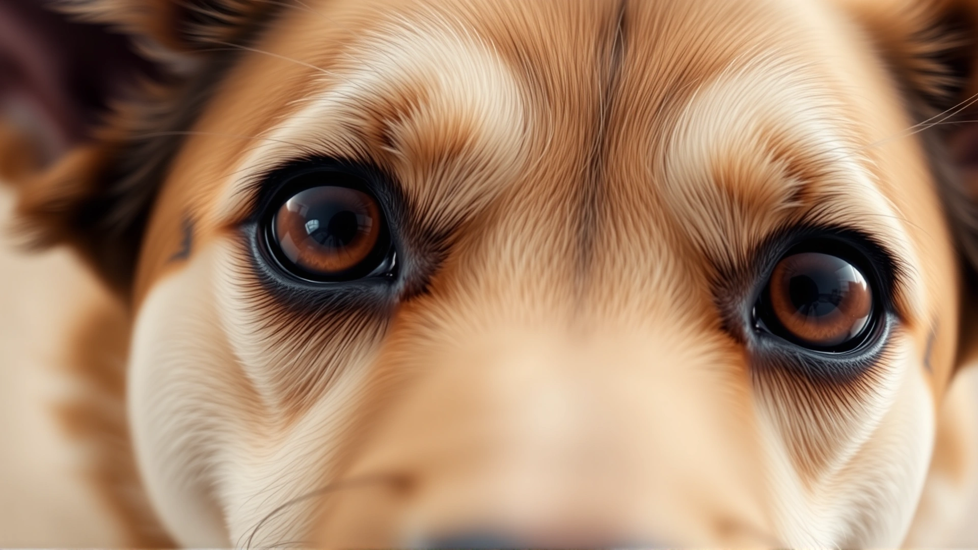 Extreme close-up of a dog's face focusing on its big brown eyes and slightly raised inner eyebrows; vivid detail, soft fur texture, no text.