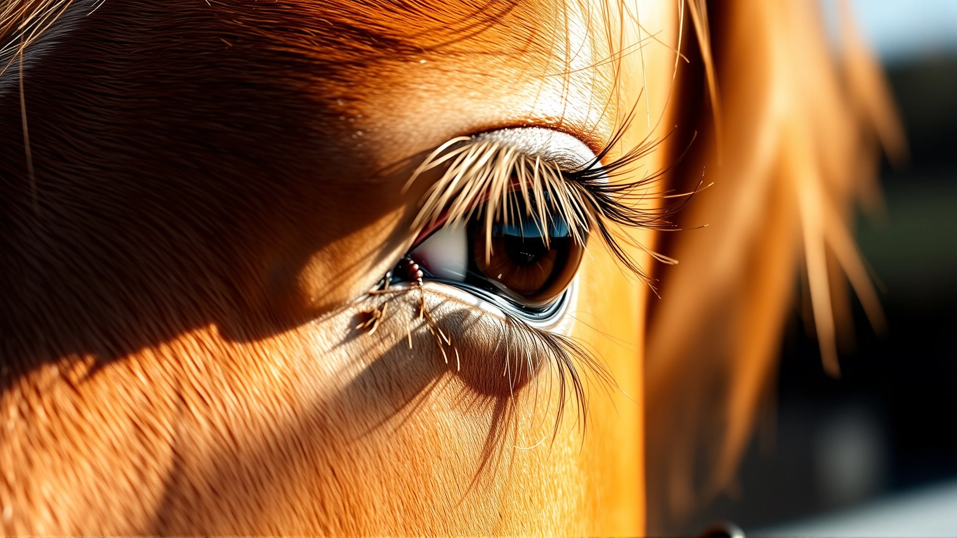 Macro shot of a horse eye showing inward-turned lower eyelid (entropion) with gentle natural lighting, high-detail focus to illustrate the condition