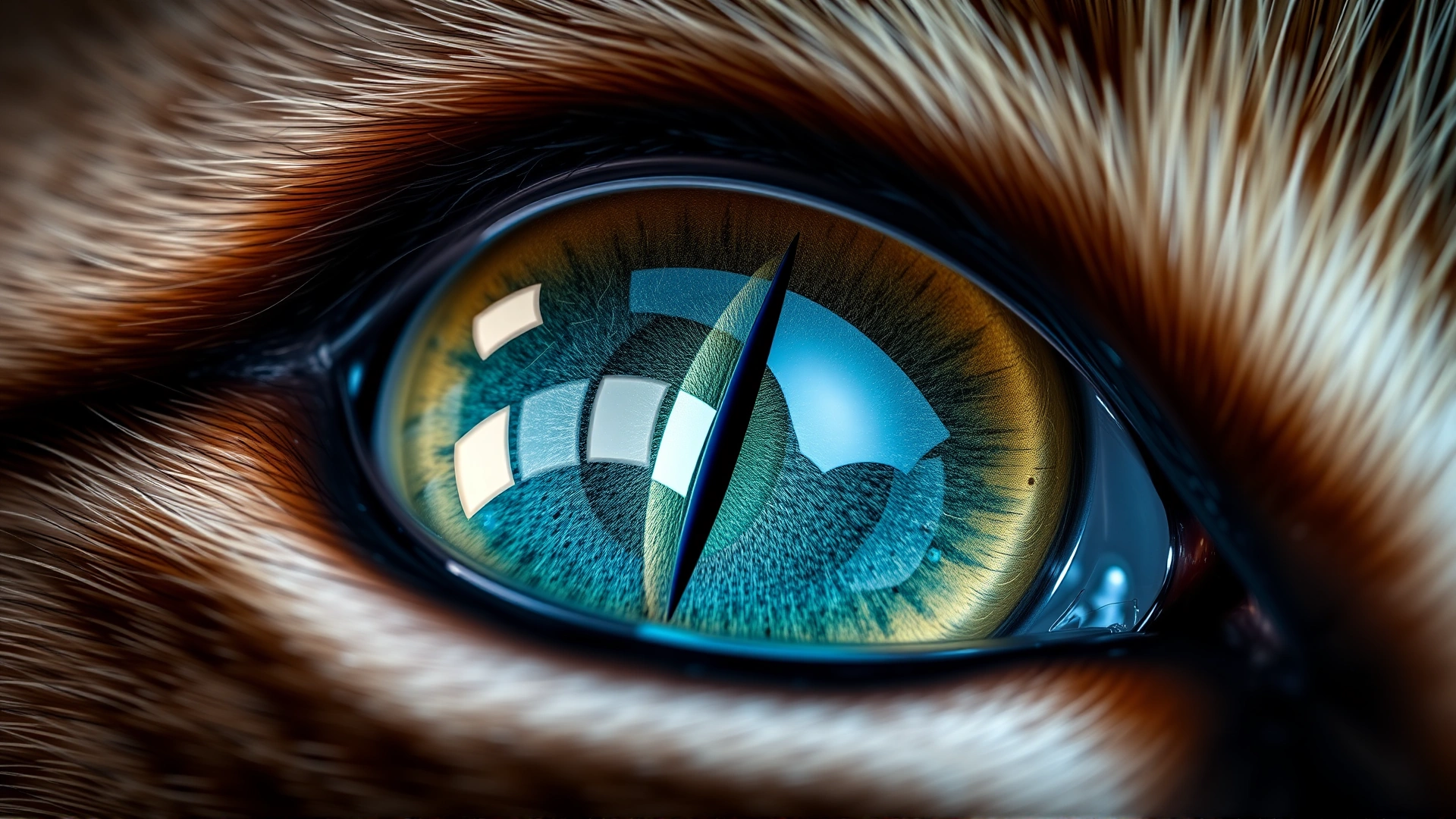 Macro photograph of a cat eye showing the vertical slit pupil and reflective tapetum, high detail, vivid colors
