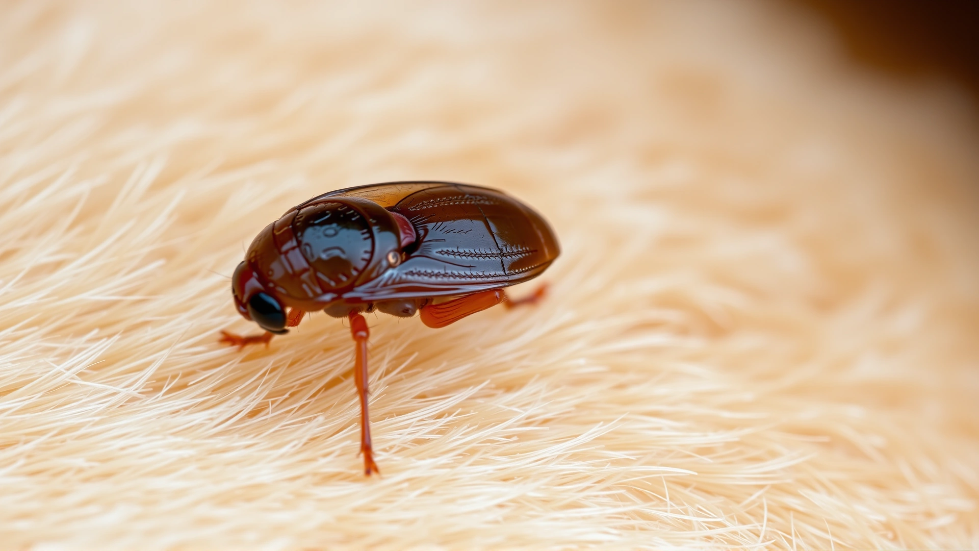 Macro photograph of a flea on a dog's light-colored fur, highlighting detail and texture.
