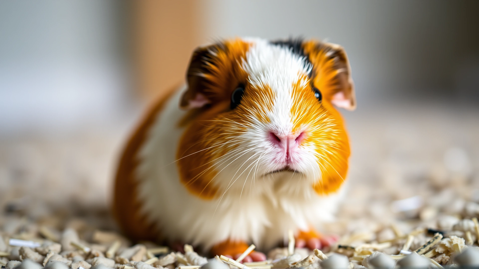 Close-up portrait of a healthy, alert guinea pig sitting on clean bedding, bright eyes looking toward camera, soft natural lighting.