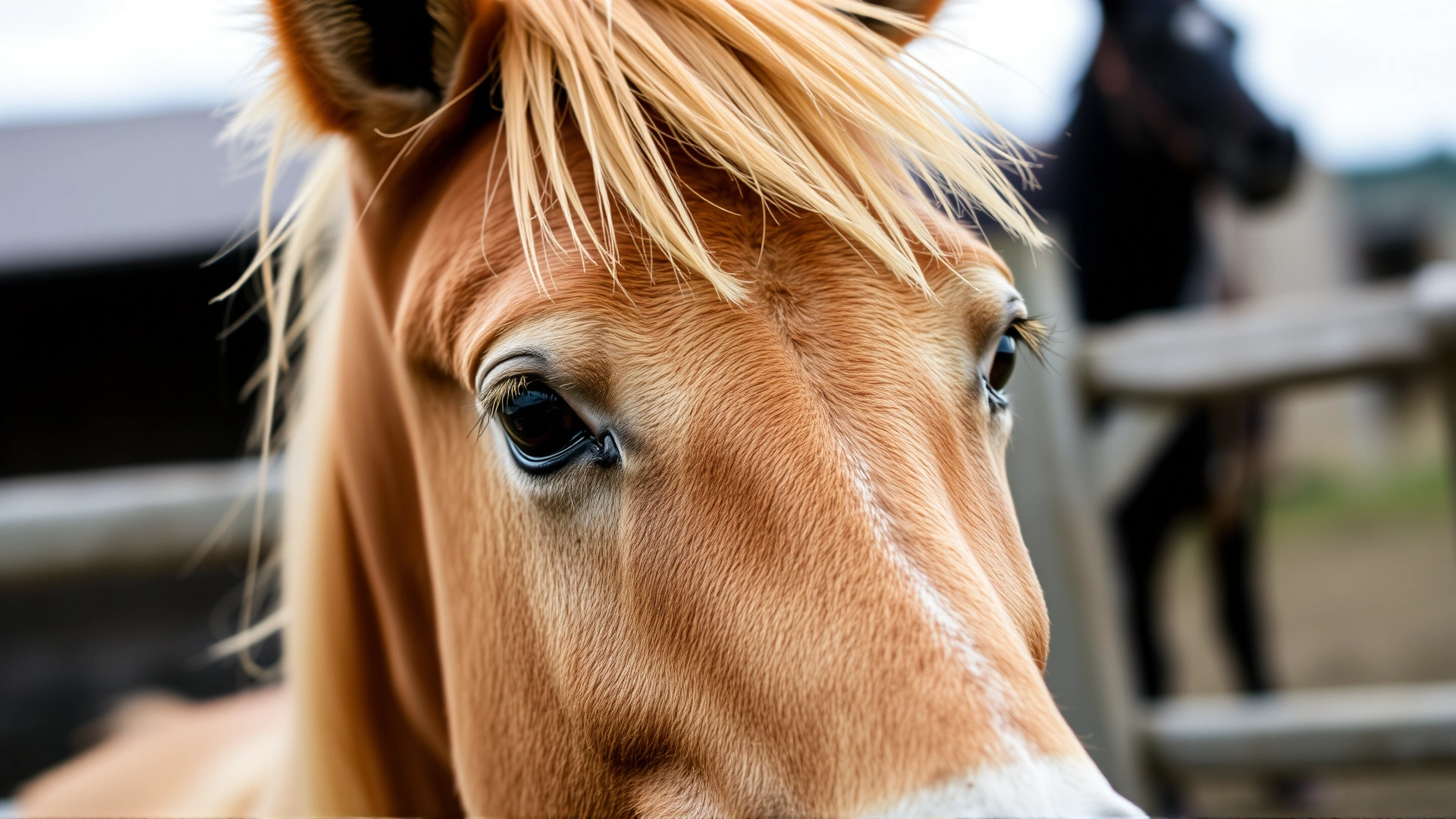 Close-up portrait of a Haflinger’s head, highlighting its expressive eyes, small ears, and flaxen forelock against a blurred stable background.