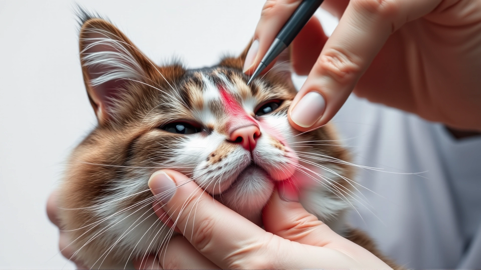 Macro shot of a veterinarian parting a cat's fur to reveal a moist red hot spot on the skin, clinical white background