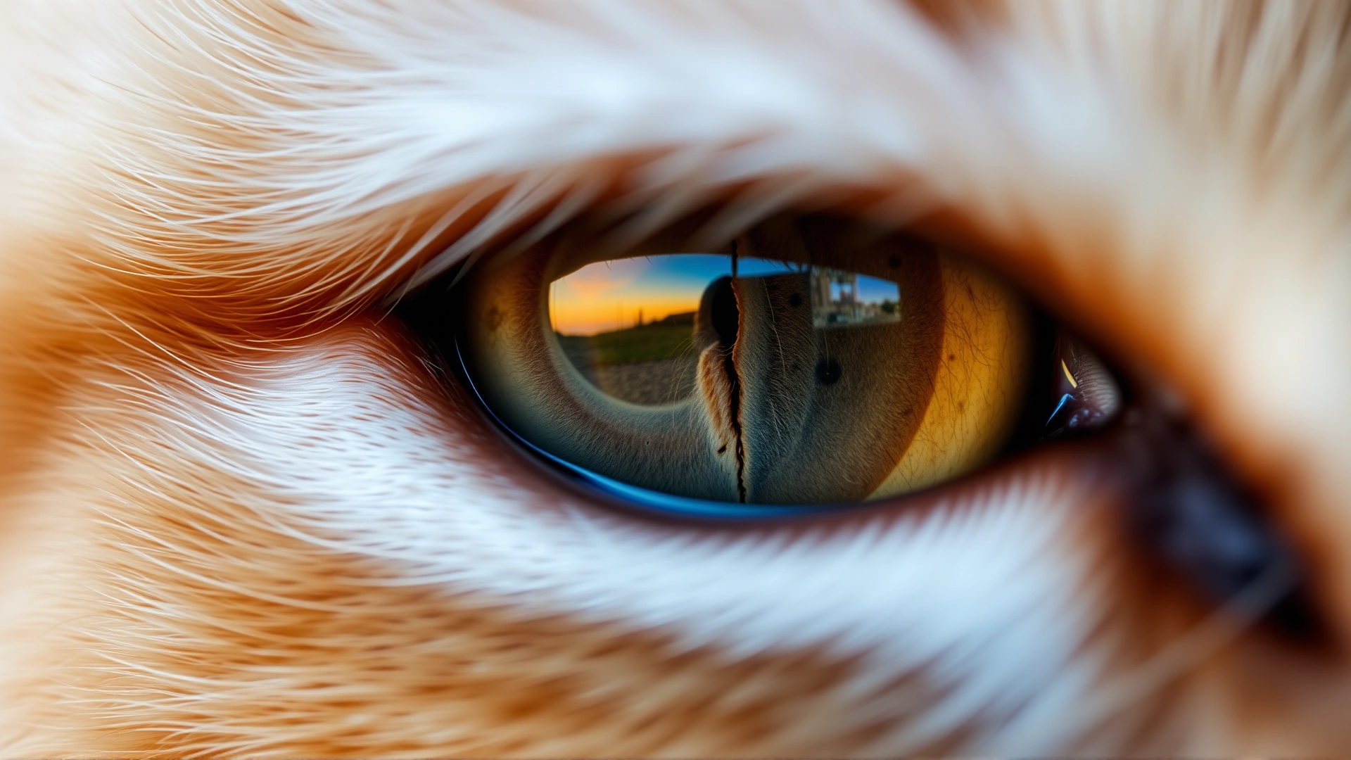 Macro photograph of a cat iris showing an irregularly shaped pupil and thinning edges, neutral background, high resolution