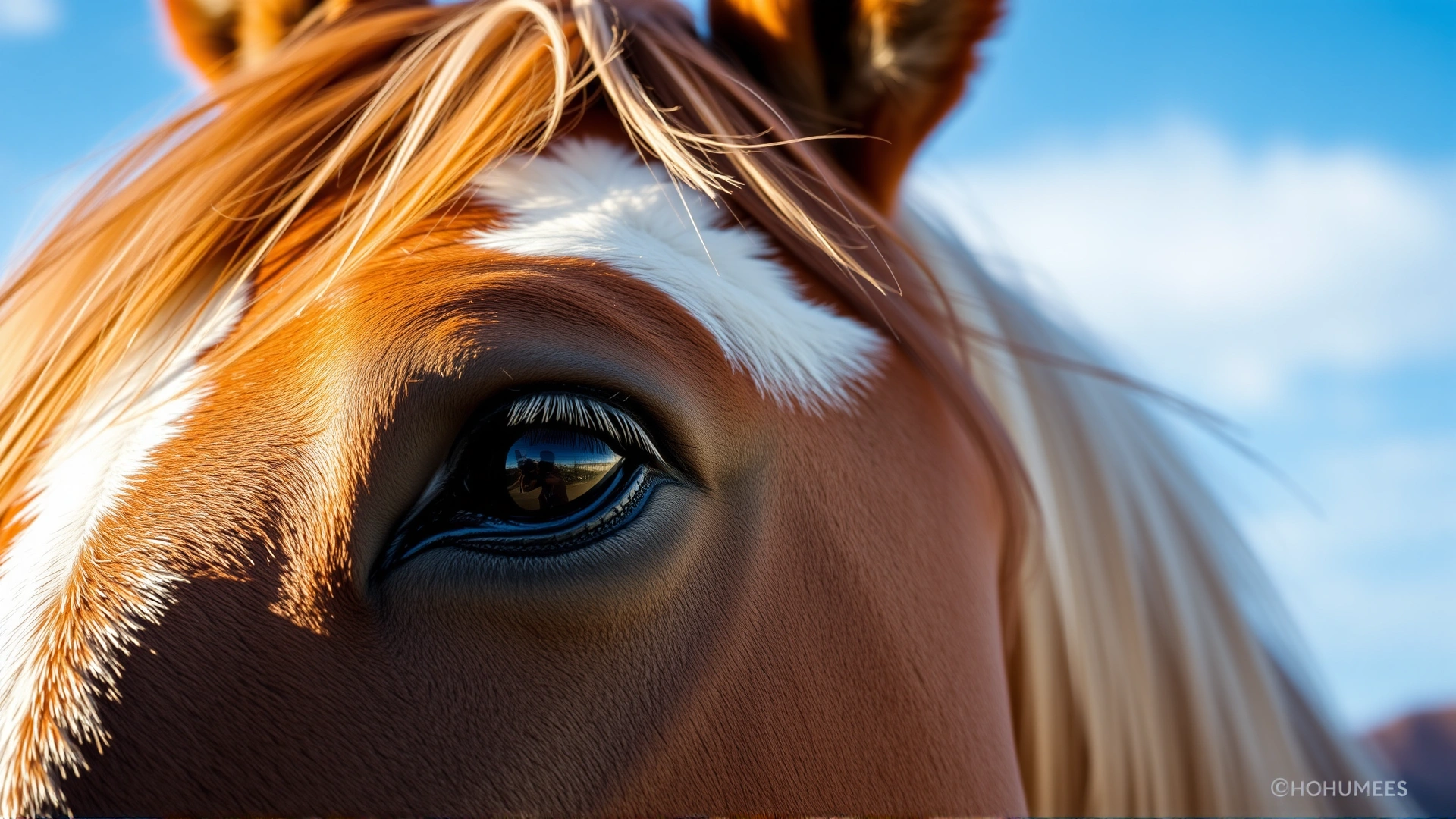 Extreme close-up of a horse's relaxed eyes and softly positioned ears, highlighting signs of calm and affection.
