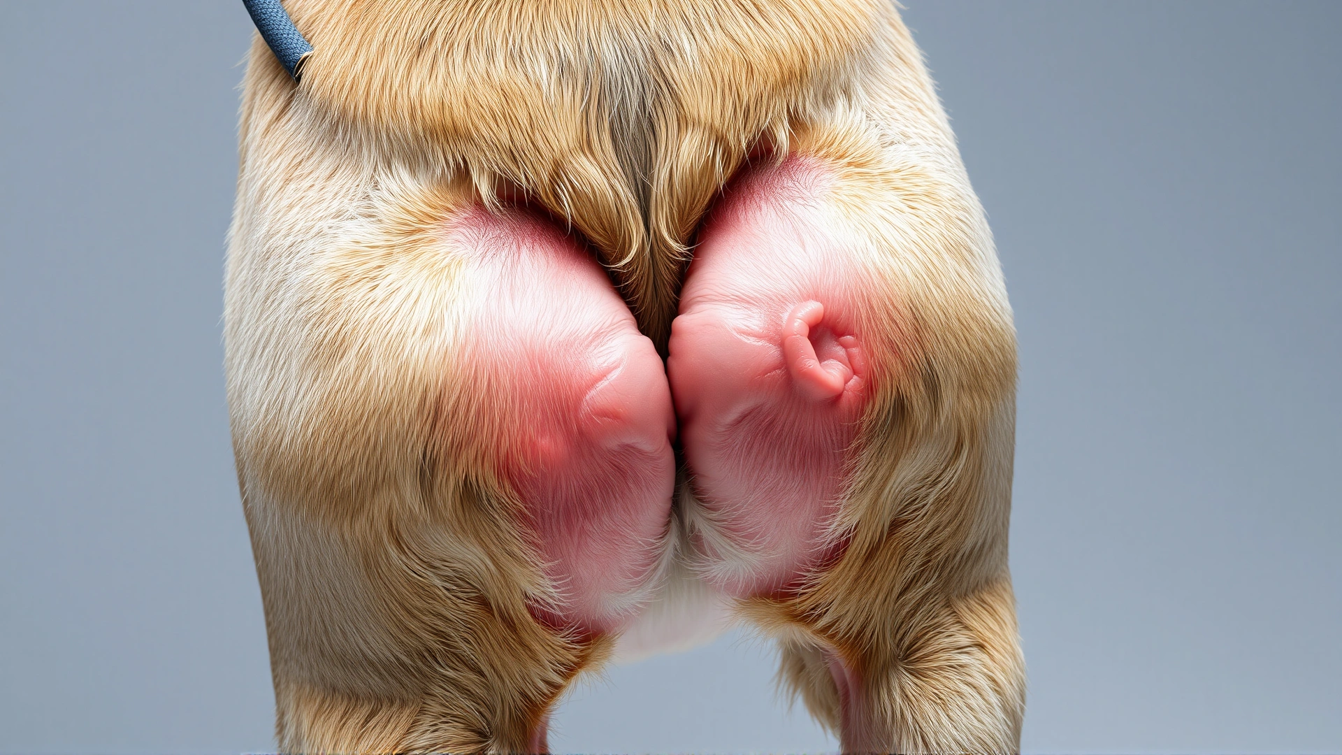 Macro but modest veterinary-style shot of the hindquarters of a short-haired female dog showing mild vulvar swelling – clinical yet non-graphic, neutral background.