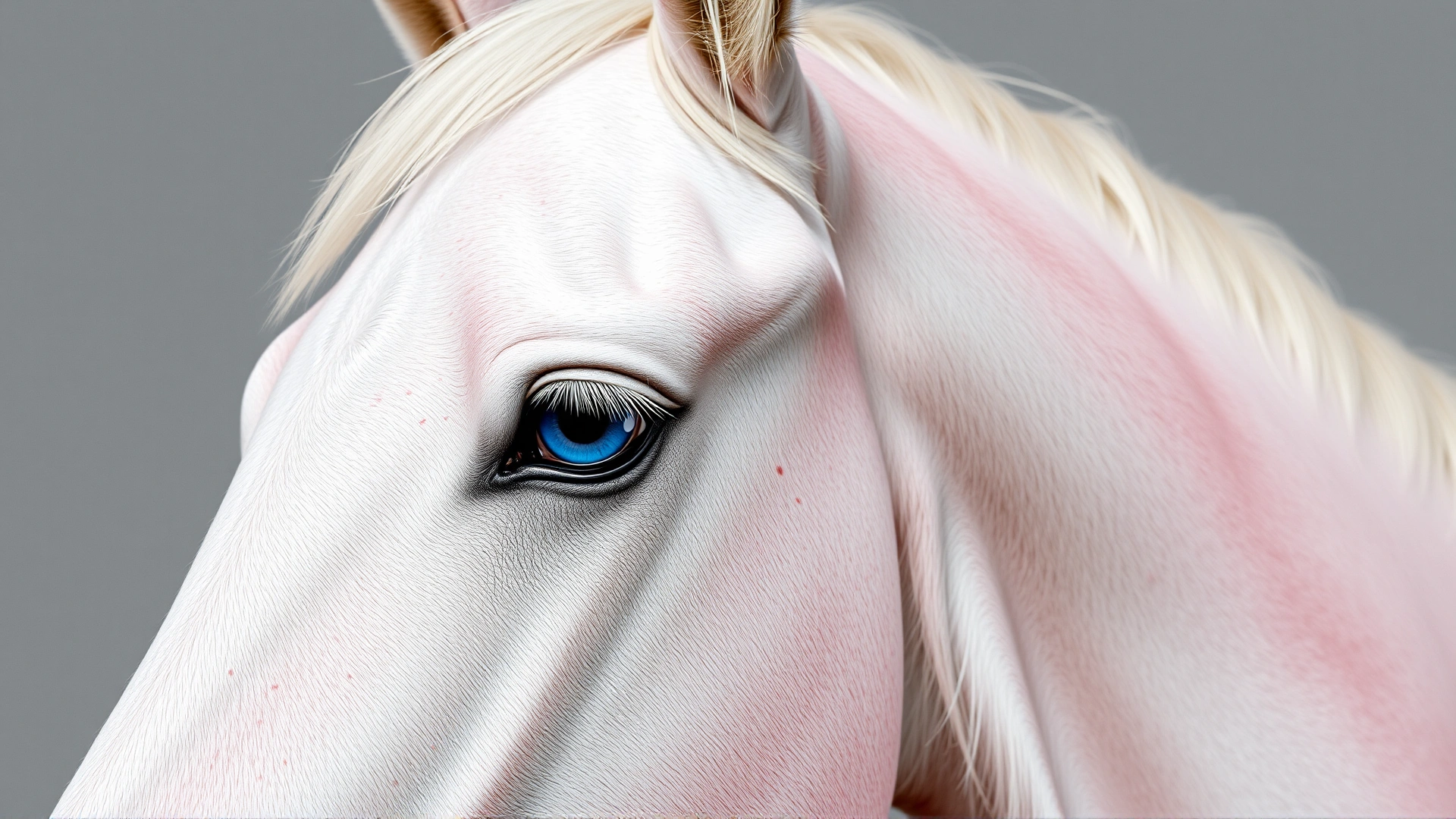 Close-up portrait of an albino horse’s head showing blue eye and pink skin, neutral background