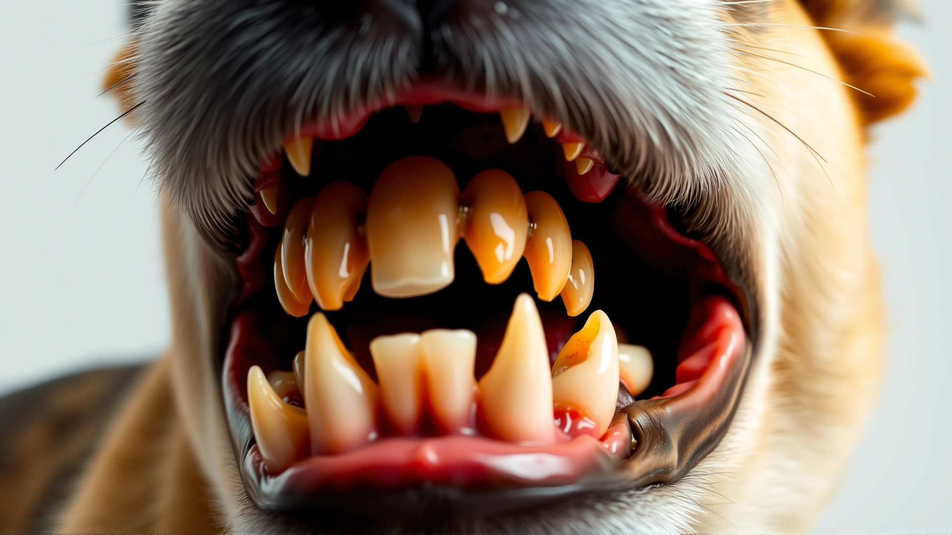 Macro shot of a healthy dog’s teeth showing gums and incisors, neutral background, for illustrating dental anatomy