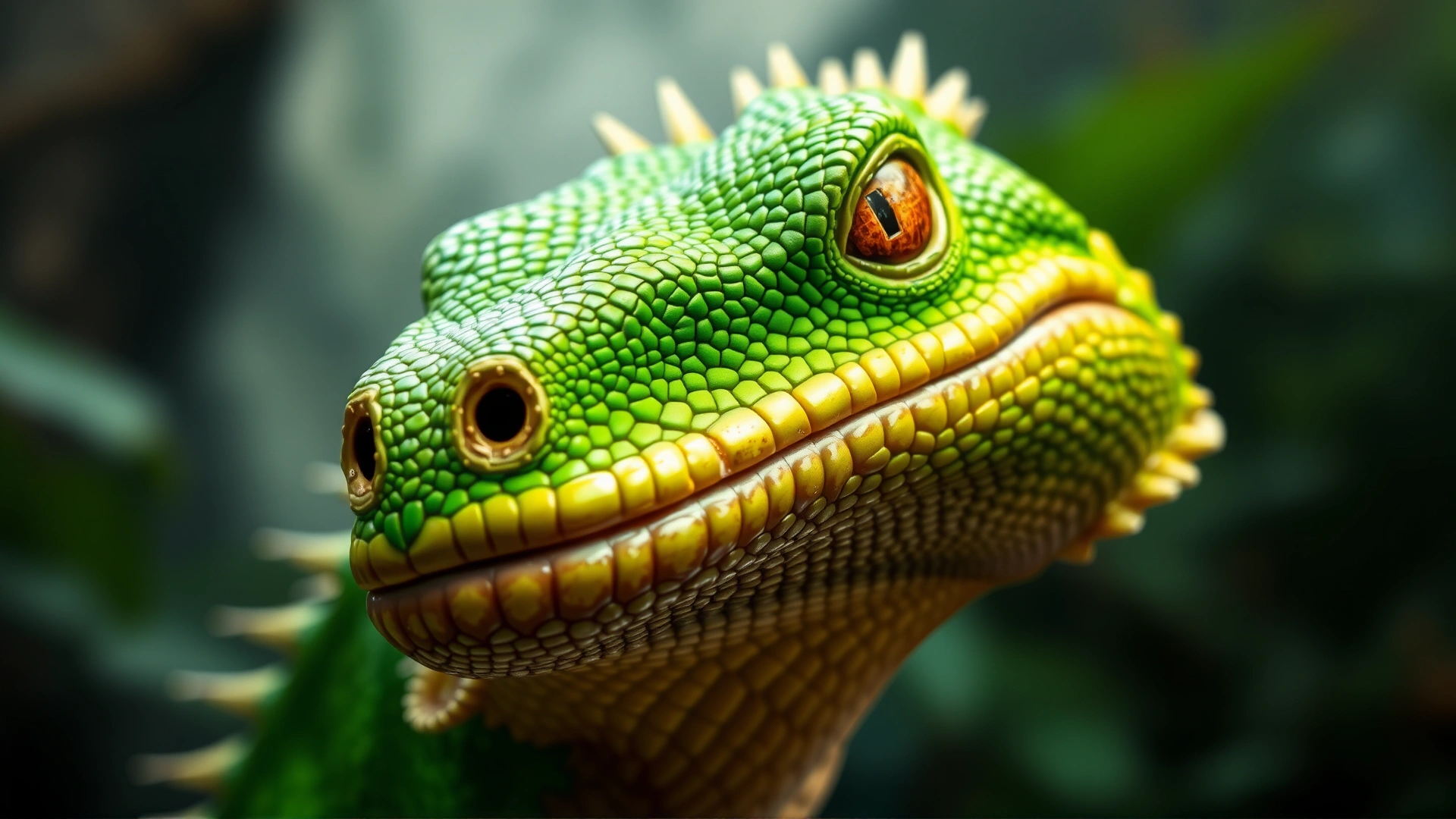 Close-up, high-resolution macro photograph of a Chinese water dragon’s head showing scales, vibrant green coloration, and alert golden eyes, on a blurred jungle background.