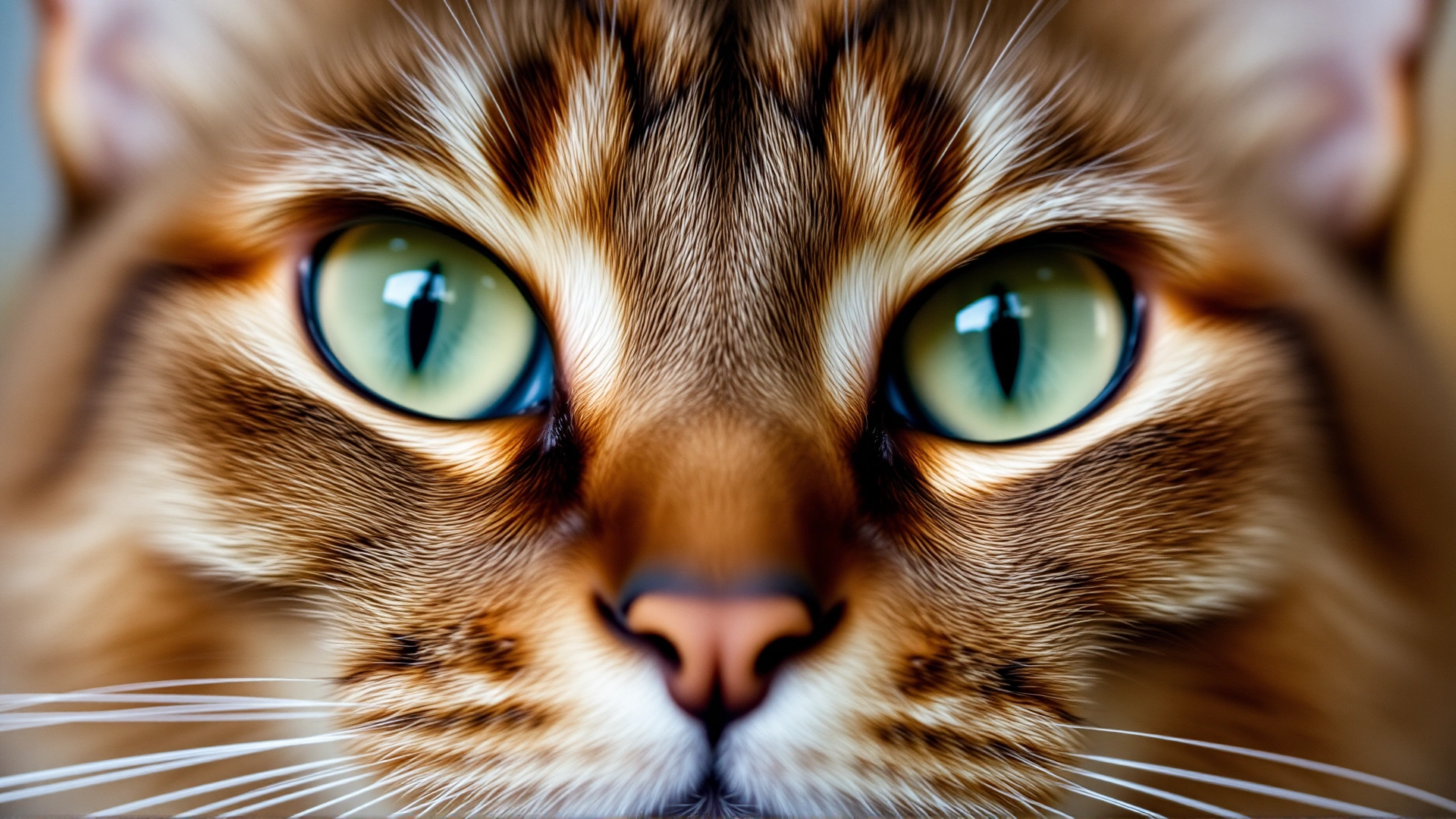 Macro close-up of a Havana Brown cat’s vibrant green eyes and soft chocolate fur, high detail, blurred background