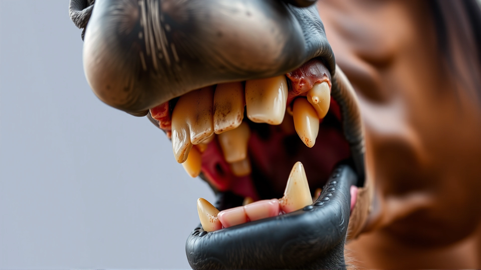 Macro shot of a horse’s open mouth focusing on the teeth and gums, showing detail of dental anatomy, no text