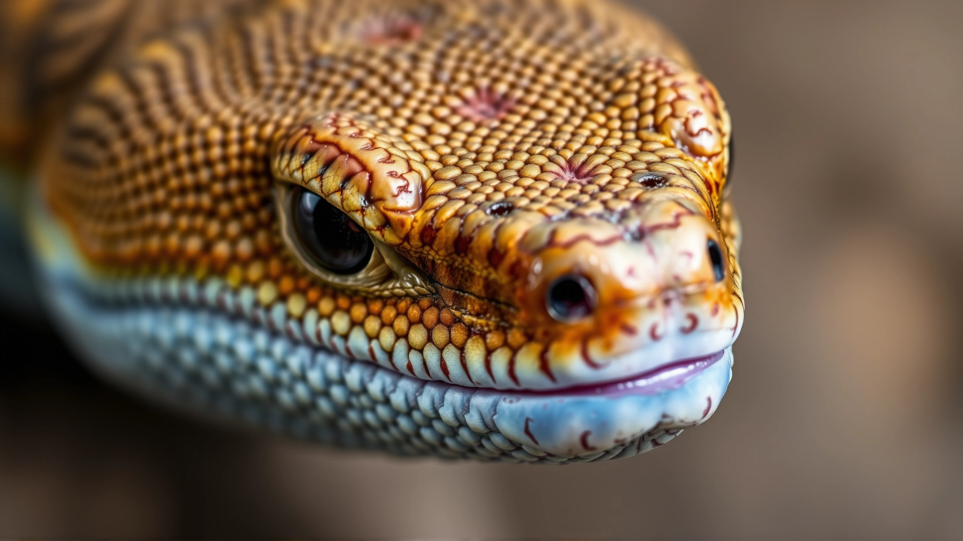 Macro shot of a blue-tongued skink’s head focusing on the textured scales and bright blue tongue partially visible.